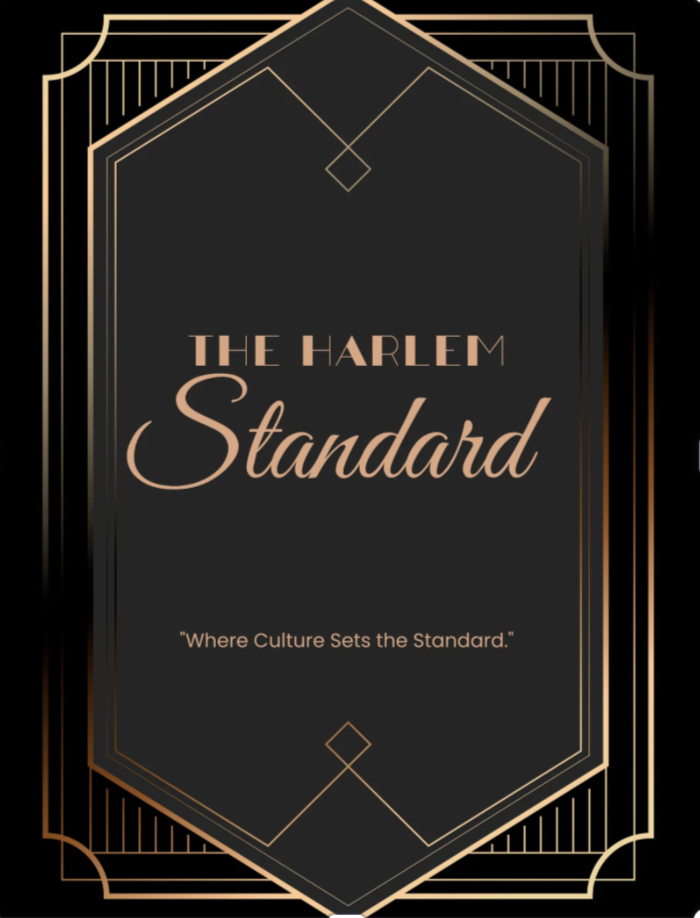 The Harlem Standard logo in copper on black, Art Deco frame